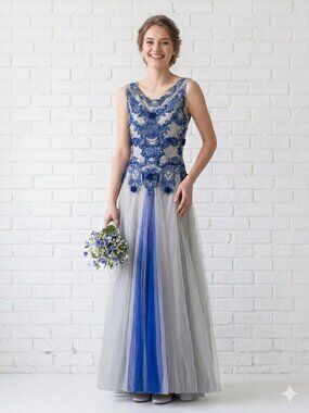 Formal Prom Maxi Dress S/M Embroidered Grey & Blue Indian Style Anarkali Gown